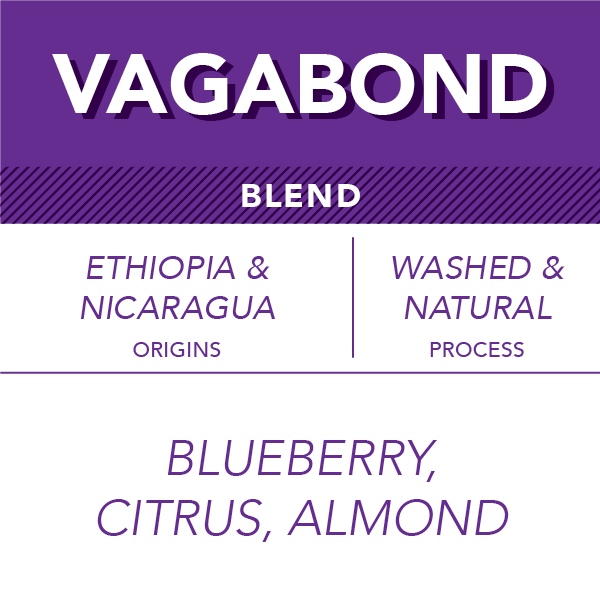 Vagabond coffee blend bag - Ethiopian and Nicaraguan bean blend with blueberry and citrus notes, 12oz bag, $22